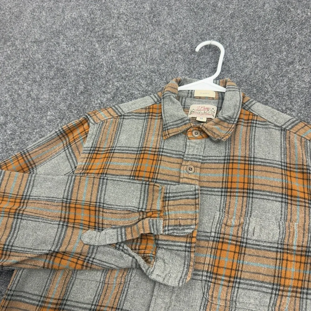 J Crew Shirt Mens M Orange Grey Cotton Plaid Mid-Weight Flannel Classic Casual